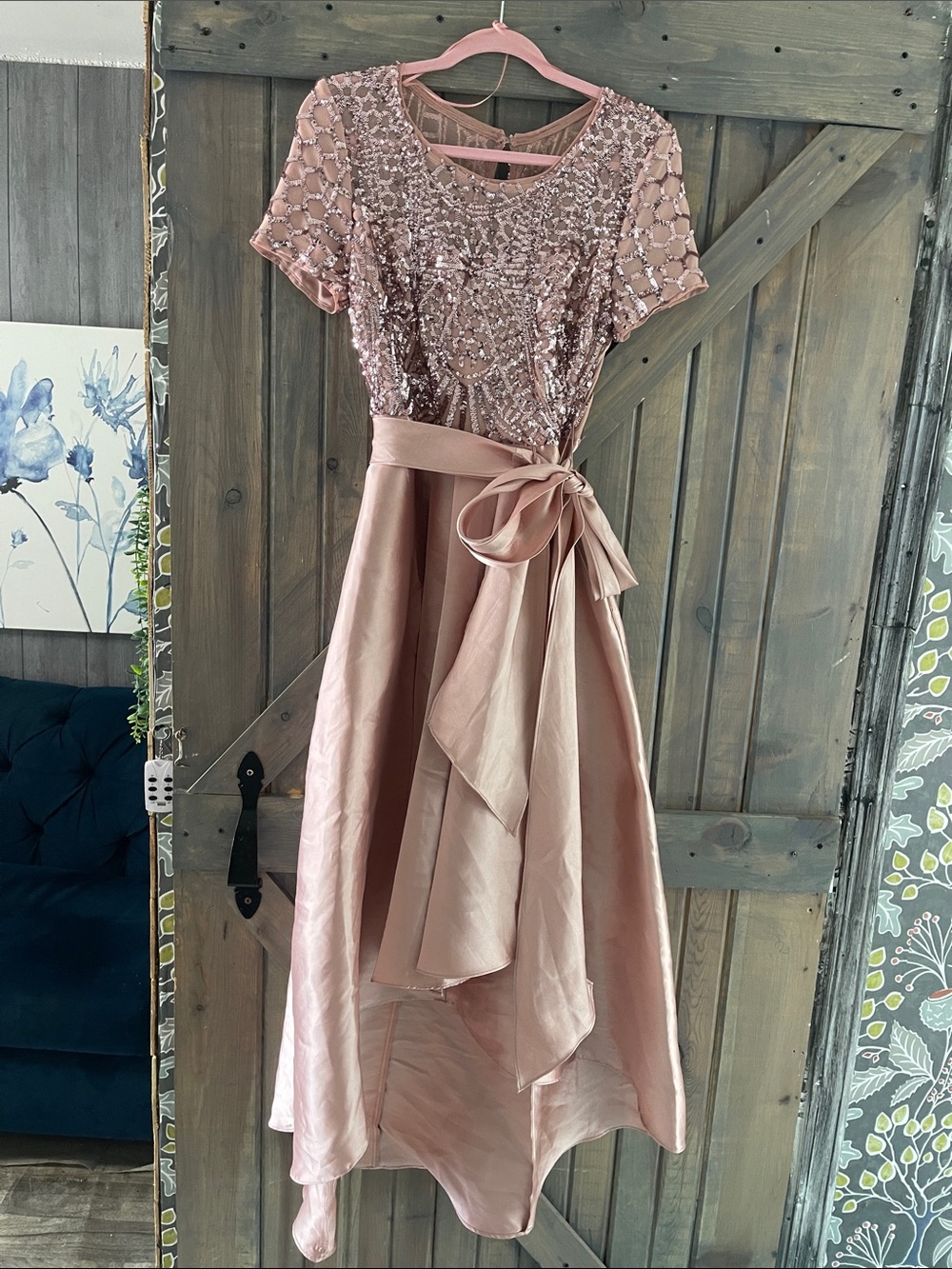 R&M Richards Dusty Rose High-Low Sequin Bodice Dress
